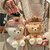 kawaii bear plastic water bottle with straw portable strap cute kids bottles for girls summer large capacity milk bubble tea cup