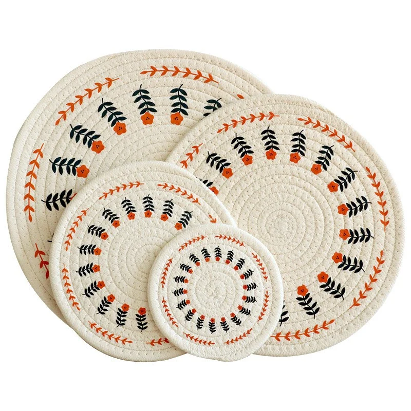 

Braided Insulation Table Mats Coasters Cotton Rope Handmade Round Placemats Household Dish Pad Kitchen Supplies Four Sizes