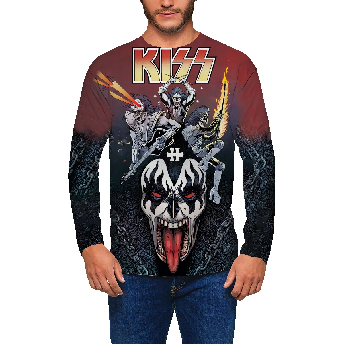 

Свитер с круглым вырезом в американском стиле мужской на весну и осень Kiss рок-группы в стиле high street Мужской Свободный Топ большого размера с ...