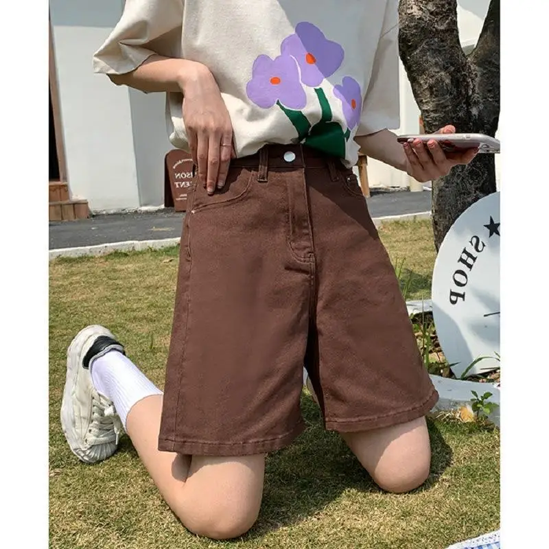 Summer Retro Brown Shorts for Women Korea High Waist Black Shorts Loose Button Solid Classic Knee-length Shorts BF Streetwear