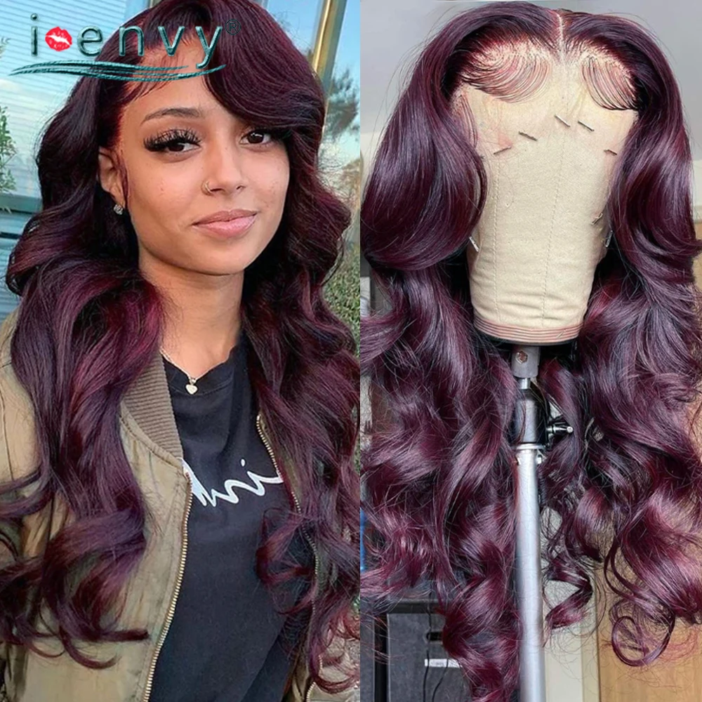 Colored Burgundy Lace Frontal Wig Peruvian Body Wave Human Hair Wigs For Women Pre Plucked #99J Red Lace Frontal Curly Wig Remy