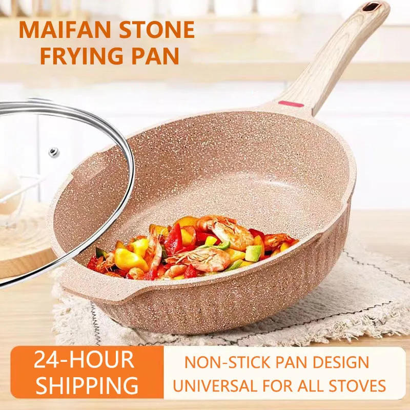 

Maifan Stone Pans Wok Non-Stick Frying Pan with Lid Household Steak Fried Egg Wok Cooking Induction Cooker Utensils For Kitchen
