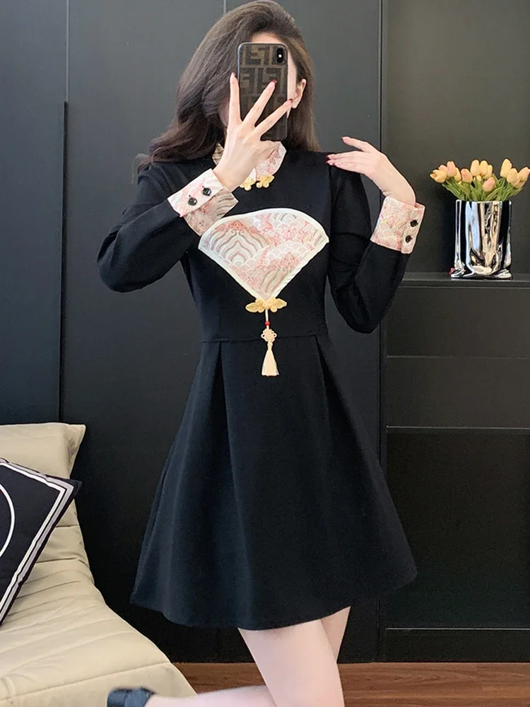Женское винтажное платье в Корейском стиле Осеннее черное лоскутное короткое с
