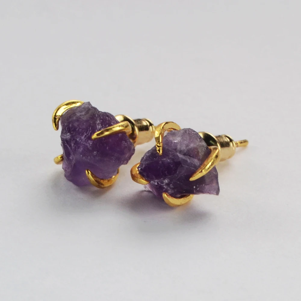 

BOROSA Gold Color Rough Amethysts Druzy Earrings Claw Setting Crystal Stone Stud Earrings Women Gems Jewelry ZG0134