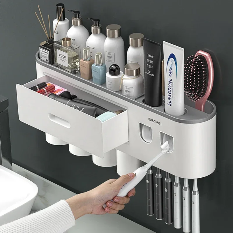 

Магнитный поглощающий инвертированный держатель для зубных щеток, автоматический выдавливатель для зубной пасты, стеллаж для хранения с чашкой для прищепки, аксессуары для ванной комнаты