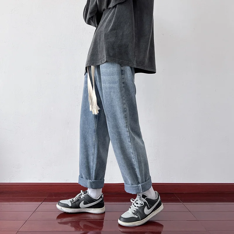 White Blue Black Baggy Jeans Men Fashion Drawstring Casual Straight Jeans Men Streetwear Korean Loose Denim Pants Mens Trousers