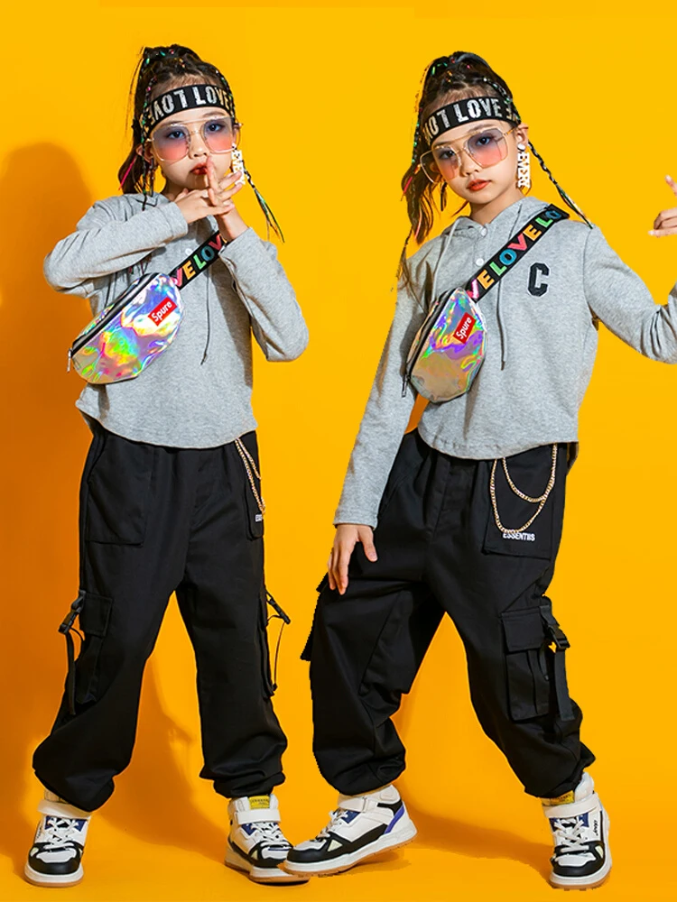 

Girls Autumn Clothes Long Sleeves Hoodies Black Hip Hop Pants Kids Jazz Dance Costume Ballroom Hiphop Dance Kpop Outfit DNV16881