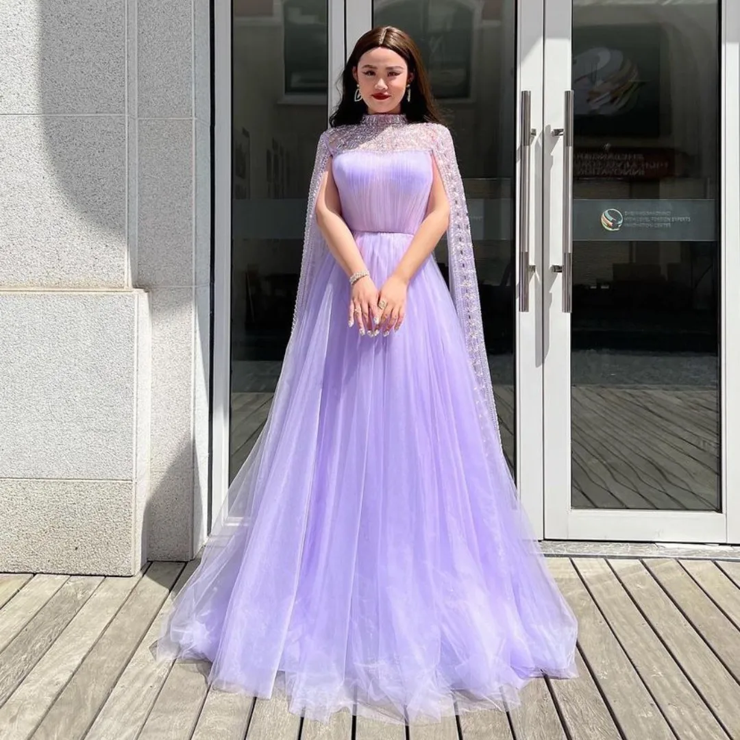 

Sayulita High Collar Prom Dresses with Glitter Flutter Sleeves Formal Occasion Women Wear A Line Tulle Long Elegant Evening Gown