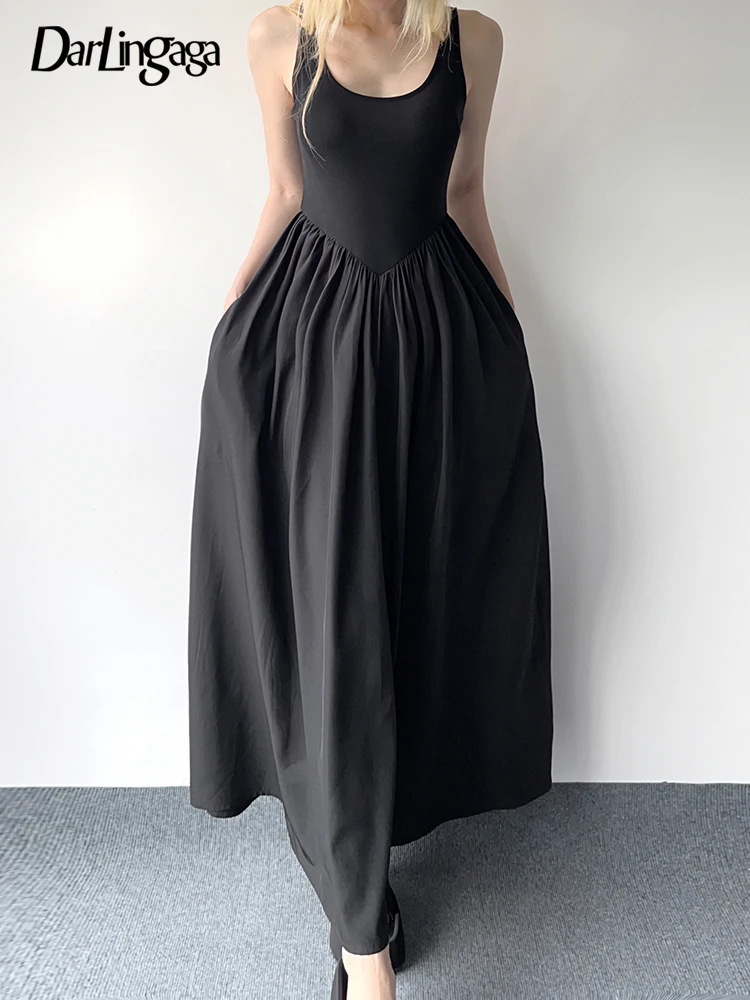 

Darlingaga Sleeveless Black Folds Loose Spliced Summer Maxi Dress Holidays Casual Dresses Women Basic Tank Gothic Korean Clothes