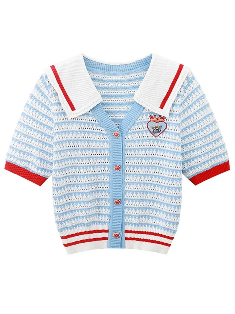 Женский однобортный вязаный кардиган в полоску с коротким рукавом и матросским