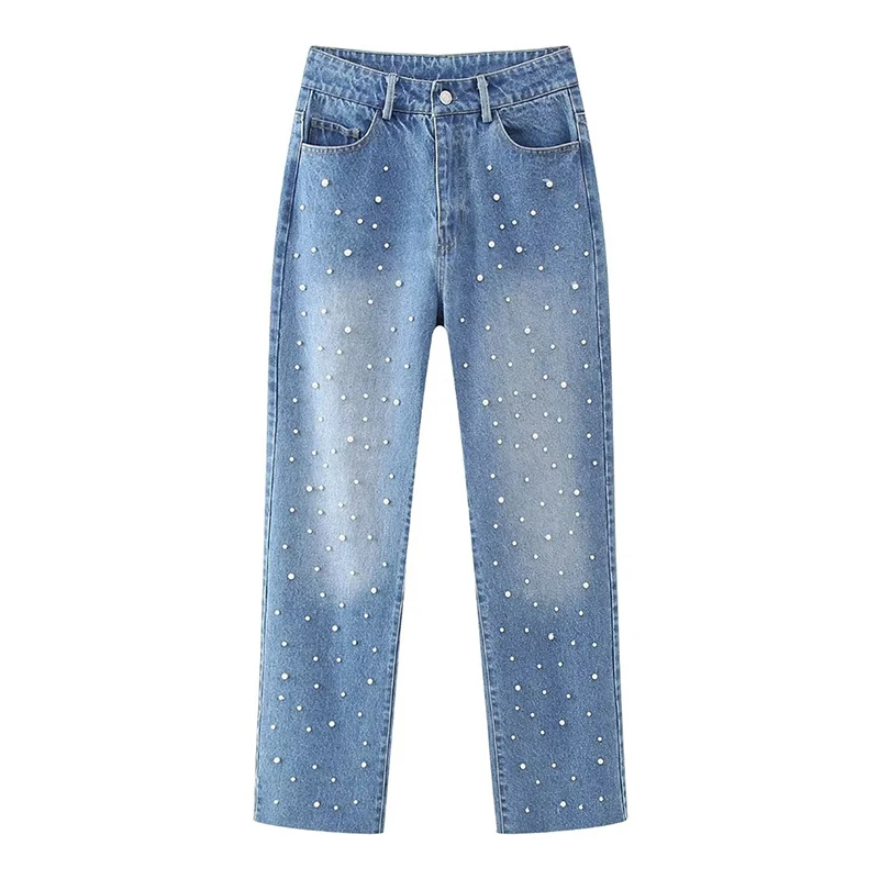 

Новые женские винтажные прямые джинсы с высокой талией и искусственным жемчугом
