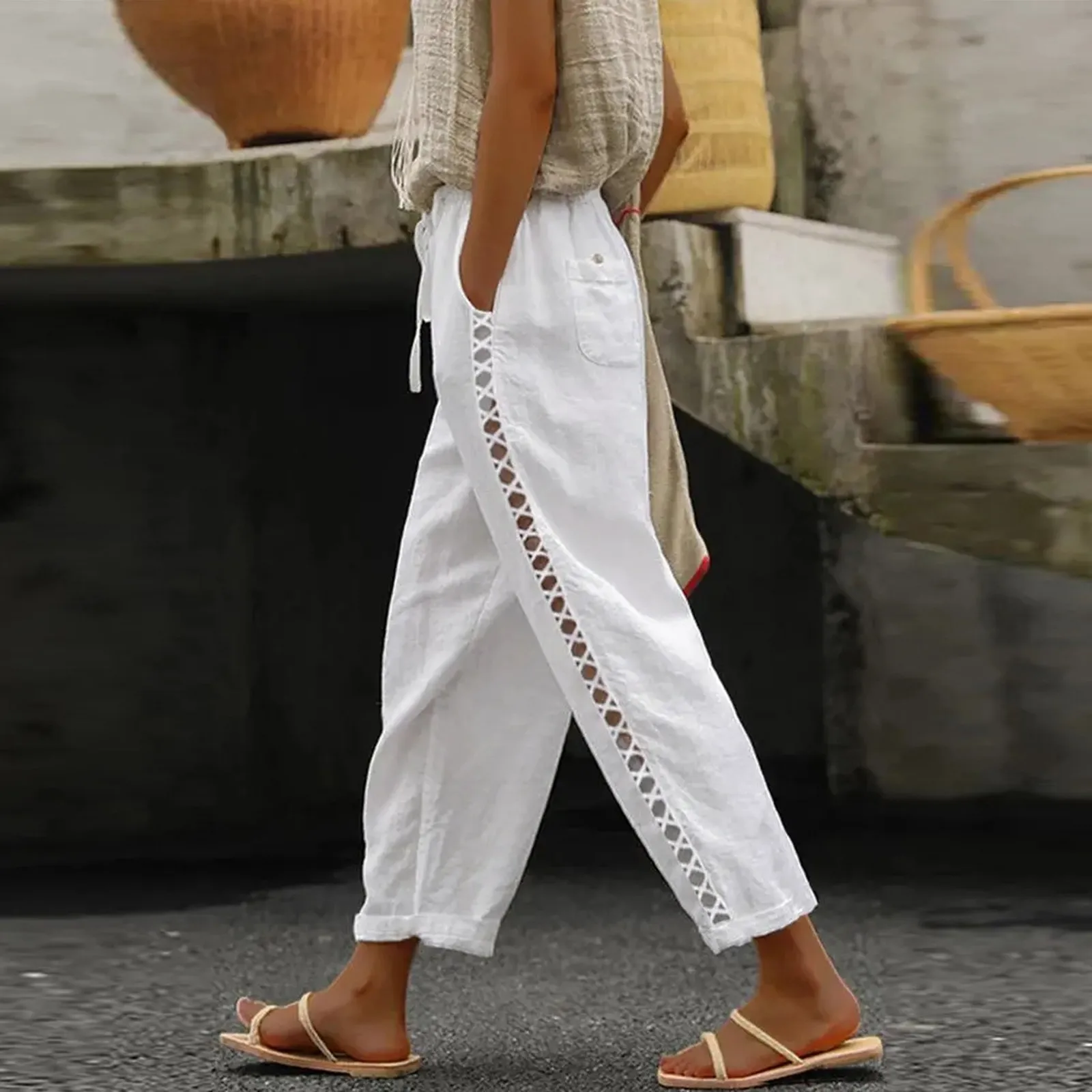 

Fashion Women Casual Cotton Linen High Waist Pants Vintage Drawstring Side Hollow Lace Pants Wide Leg Trousers With Pockets