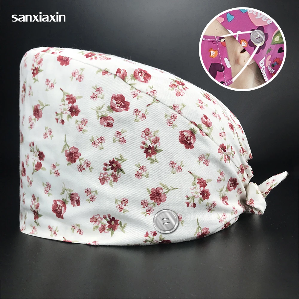 

Multicolor Hospital Operating Room Work Hat Pure Cotton Scrub Hat with Buttons Medical Accessories Scrubs Caps Women Wholesale