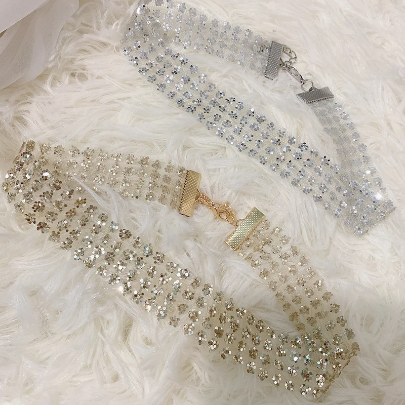 

Женское Ожерелье-чокер с блестящими блестками, широкое металлическое ожерелье из сетчатой ткани, вечернее вечерние велирное украшение