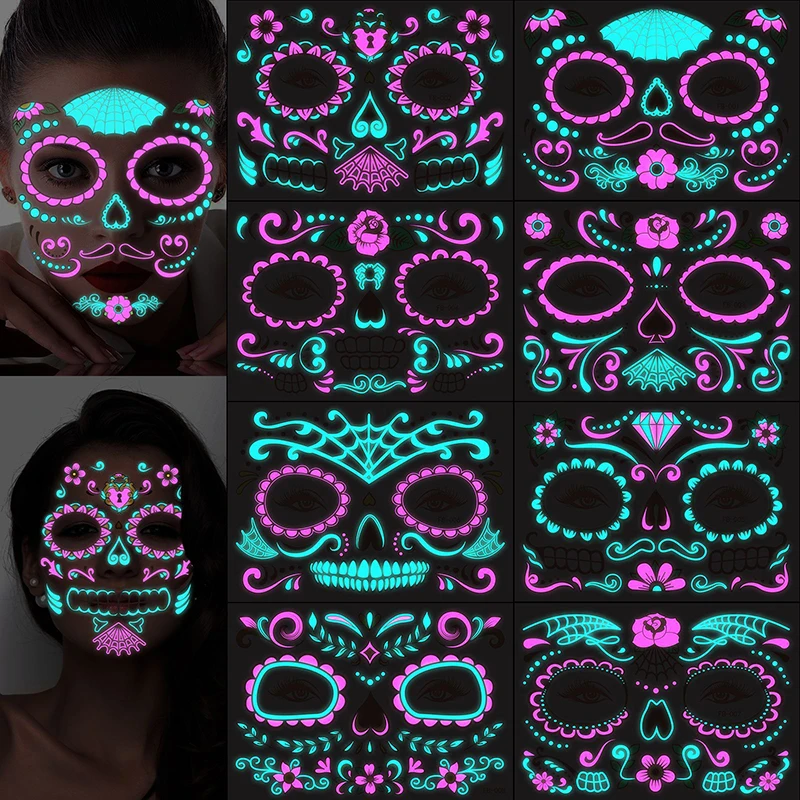 

Смешные флуоресцентные наклейки на Хэллоуин, креативный ужас, Временный макияж, танцы, смертельный дух, искусственная маска для маскарада