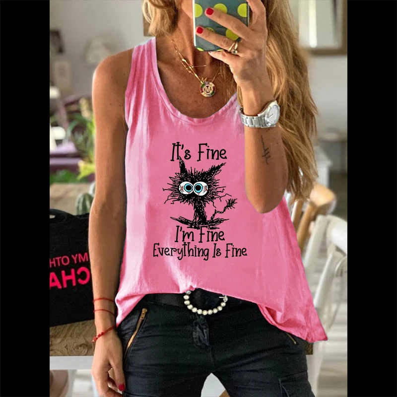 Summer Casual Fashion Women Graphic Sleeveless Vests Black Cat Letter Print Female Vintage Streetwear Waistcoat Ladies Tank Tops |