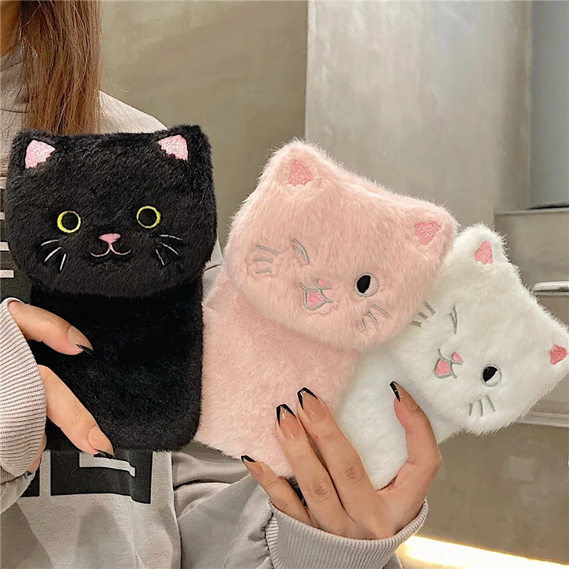 

3D Embroidery Cat Warm Plush Tpu Soft Phone Case For Samsung S22 S21 FE S20 S10 S9 S8 Plus S7 S6 Note20 10 9 8 Phone Cover Stand