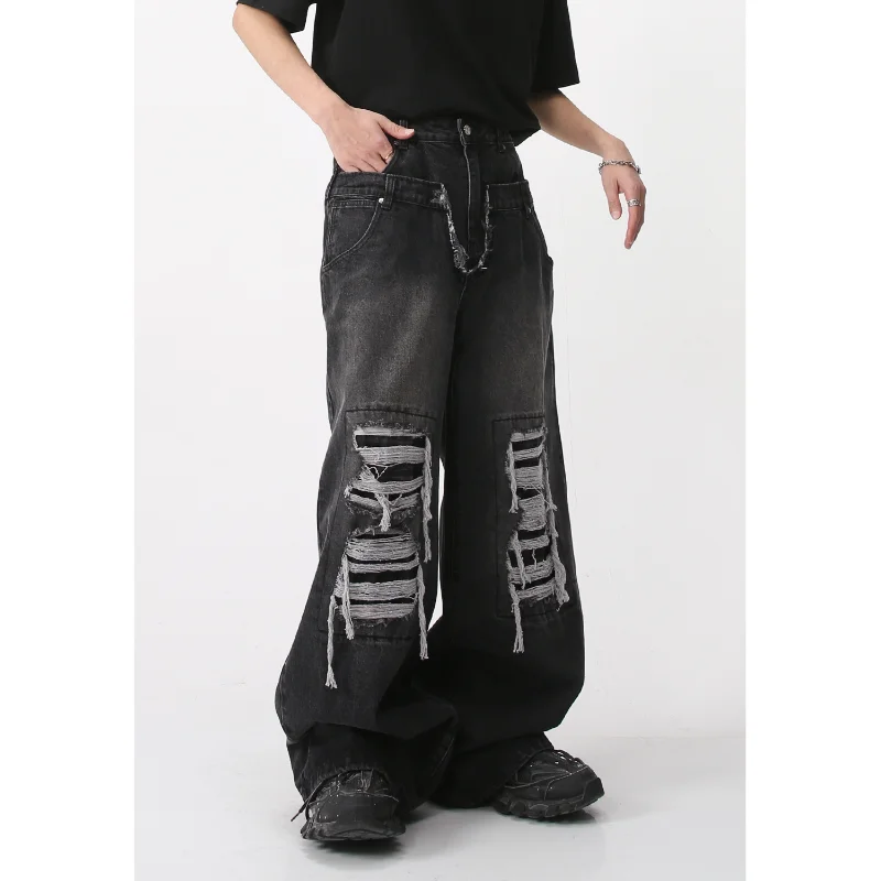 Jeans Casual Denim Pants Loose Wide Leg Patch Hole Hip-hop Men Spring 2023 New Product