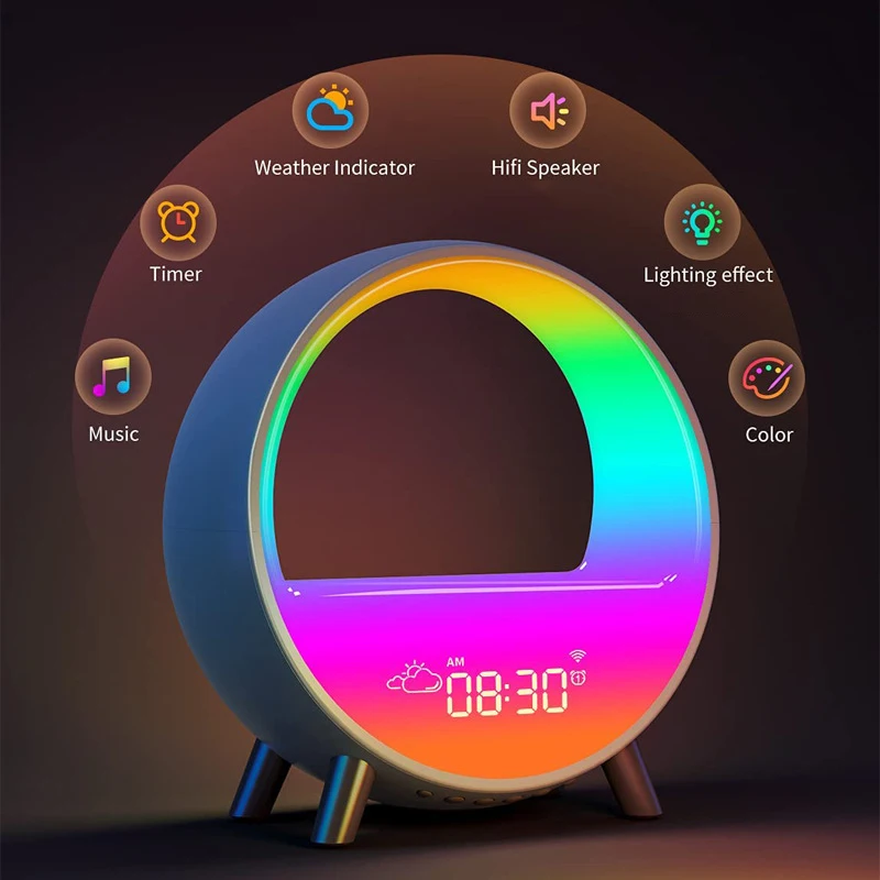 

Wireless bluetooth speaker LED sunset wake up 9 color atmosphere light bedside night light smart alarm clock desktop weather