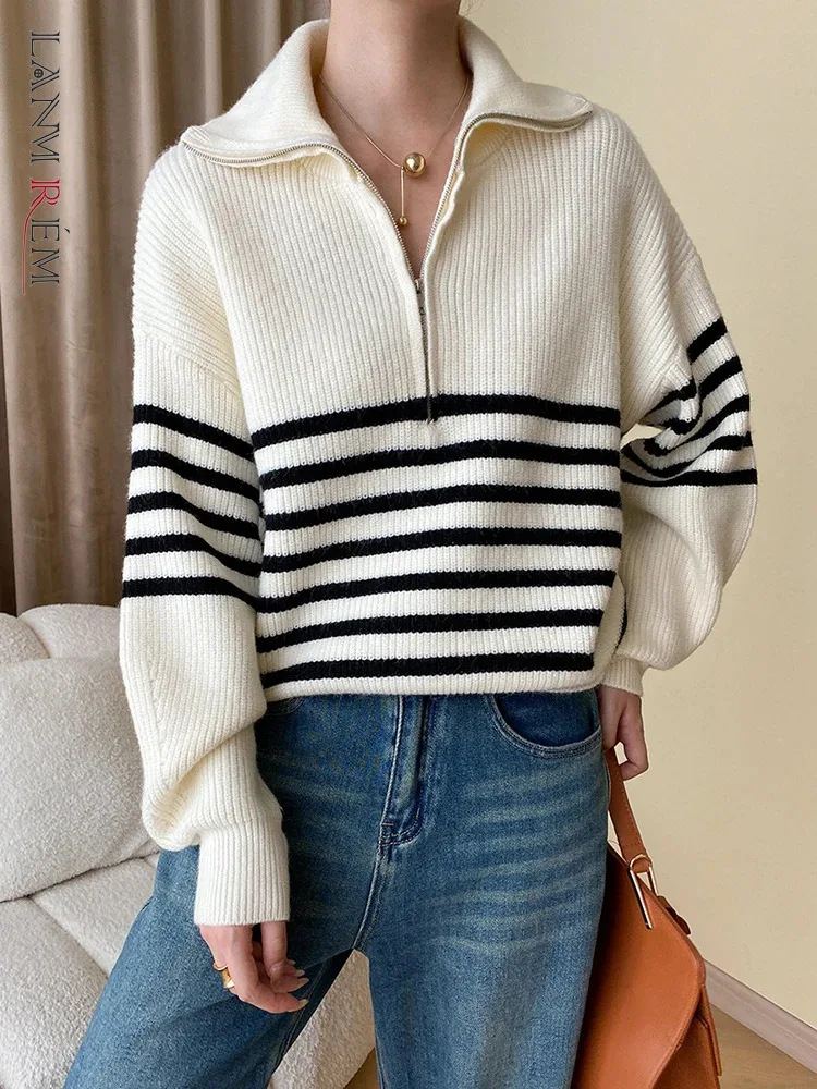 

[LANMREM] Fashion Striped Knitted Sweater For Women Lapel Long Sleeve Pullover Elegant Female Tops 2023 Autumn New 26D5422