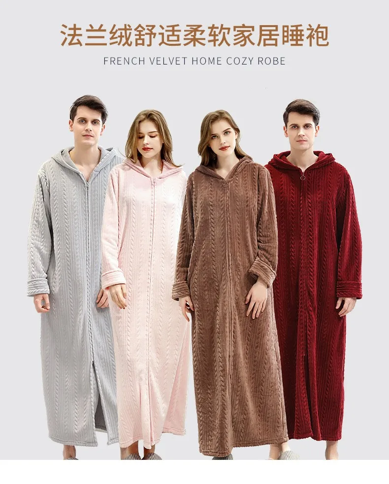 Couple Hooded Nightgown Autumn Winter Zipper Bathrobe Warm Sleepwear Puffed Pajamas Flannel Ladies' Long Nightdress Solid Color