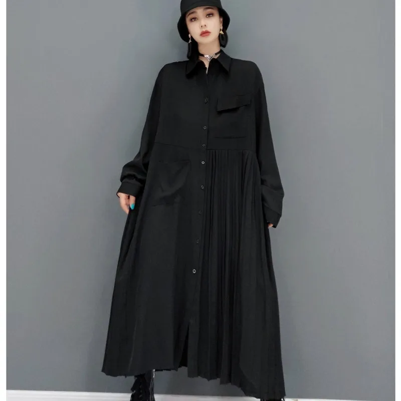 Women Long Sleeves Lapel A-line Dress Loose Mid-length Solid Color Dress