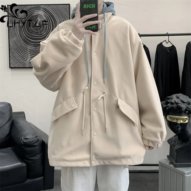 

UHYTGF Autumn Winter Jackets For Men Hooded Fake Two Pieces Casual Male Woolen Coat Korean Loose Outewear Youth Men Overcoat 256