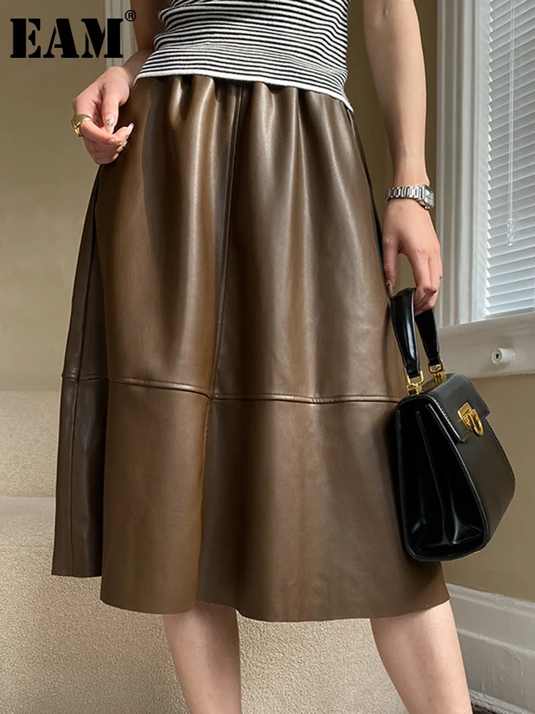 

[EAM] High Elastic Waist Loose Fit Black PU Long Casual Half-body Skirt Women Fashion Tide New Spring Autumn 2023 1DF4199