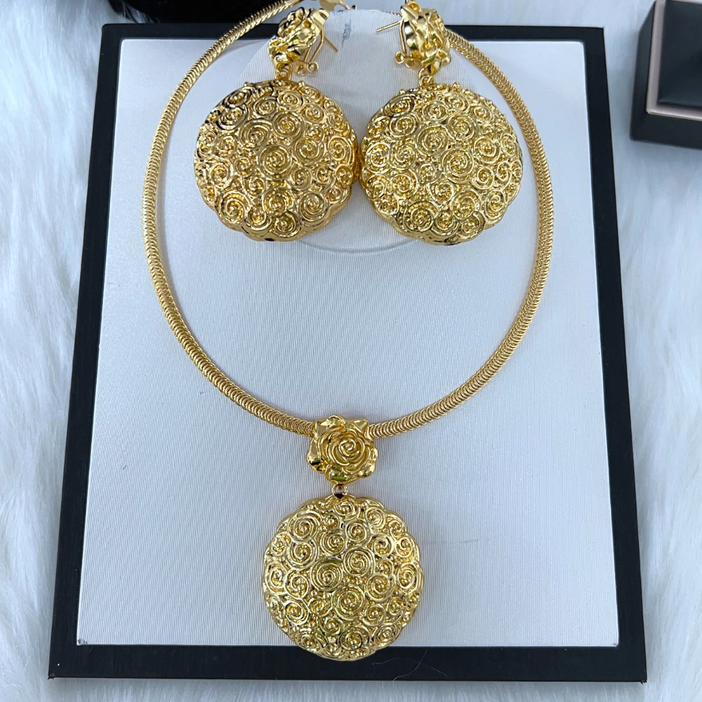 Women Necklce Earring 2 Pcs Jewelry Set Large Pendant Gold Plated Luxury Nigeria Dubai Gold Color Jewelry Sets For Women