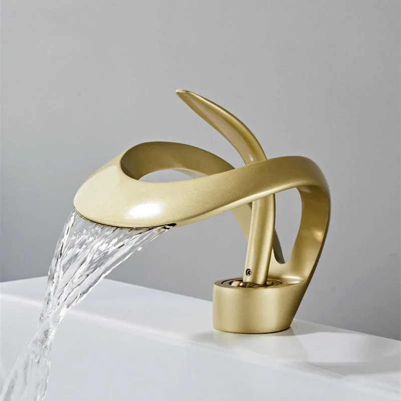 

Bathroom Sink Waterfall Faucet Single Handle Single Hole Deck Mount Water Mixer Brass Brushed Gold Tap