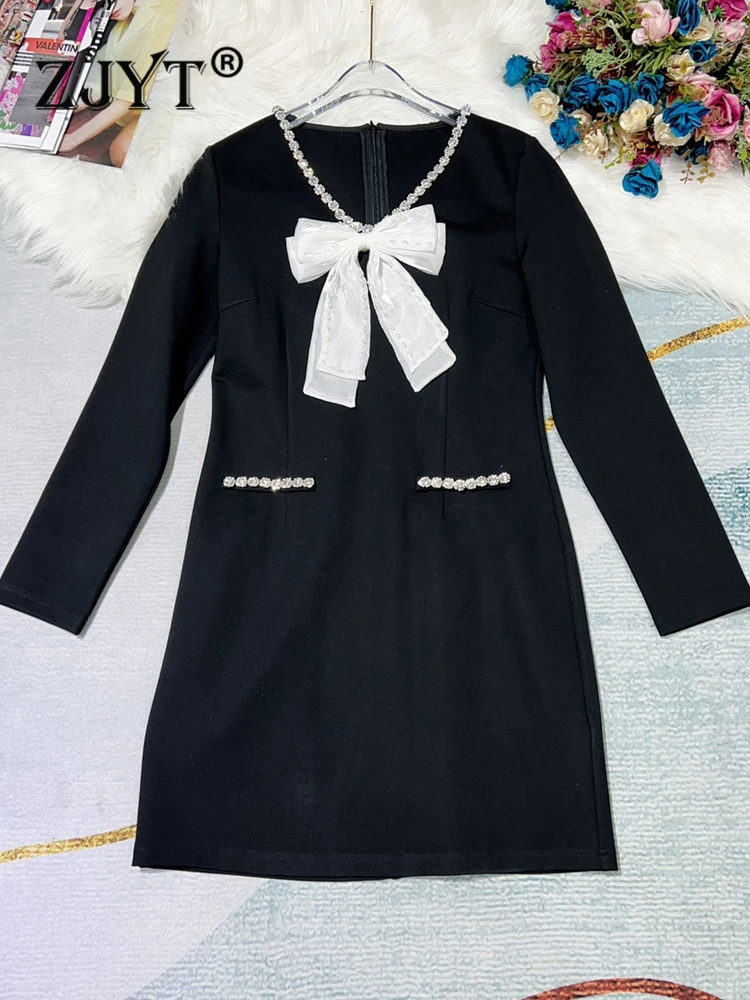 

ZJYT Runway Designer Bowknot Beading Autumn Dress Long Sleeve Woman Clothes 2022 Fashion Solid Black Party Vestidos Elegant Lady
