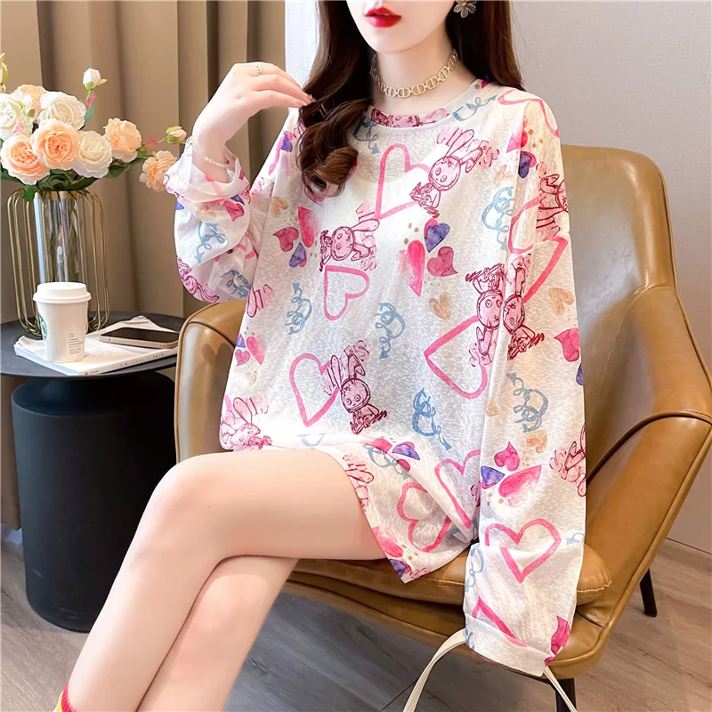 

Long sleeve summer tops for women 2022 Korean fashion cartoon graffiti Korean fashion cartoon ice silk loose mesh t shirt