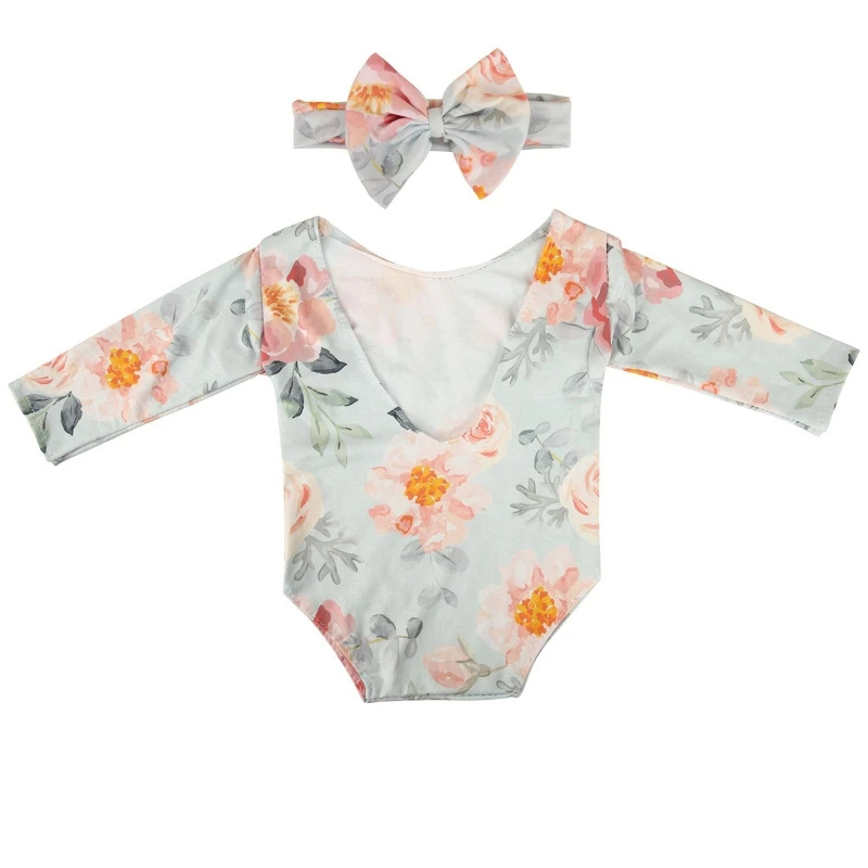 

2 Pcs Newborn Photography Props Baby Flower Printed Romper Bow Headband Outfit Infants Photo Bowknot Hairband 40JC