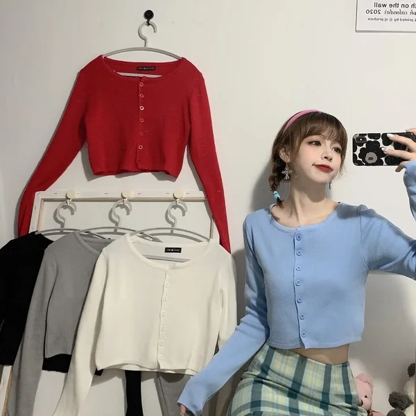 

Knit Cardigan Coat Women's T Shirt 2022 Spring Autumn New Slim Thin Short Sleeve Top Fashion Korean Red White Black Casual Tee