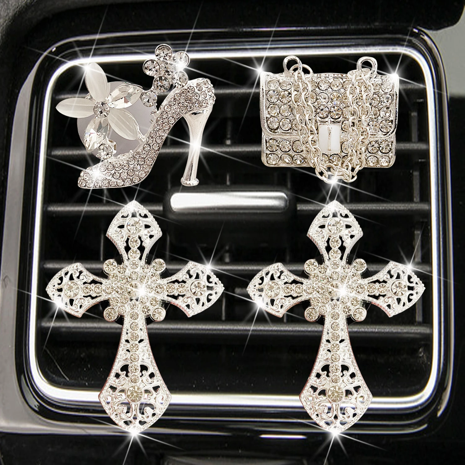 

Silver Crystal shoe & cross Car Air Vent Clip Charms Car Air Fresheners Rhinestone Diffuser Vent Clip Crystal shoes Car Perfume
