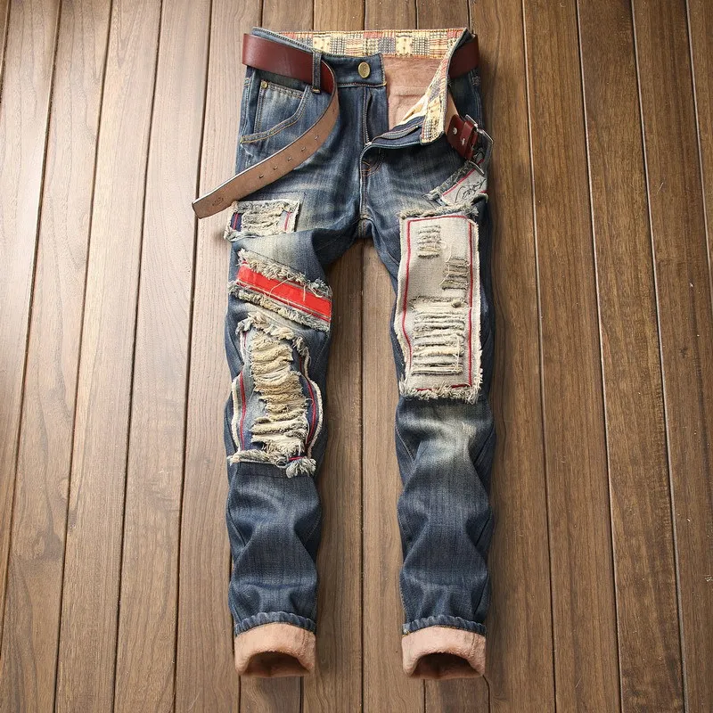 New Fashion Fleece Warm Jeans Men Autumn Winter Patchwork Ripped Straight Denim Trousers Retro Thick Hip Hop Casual Pants