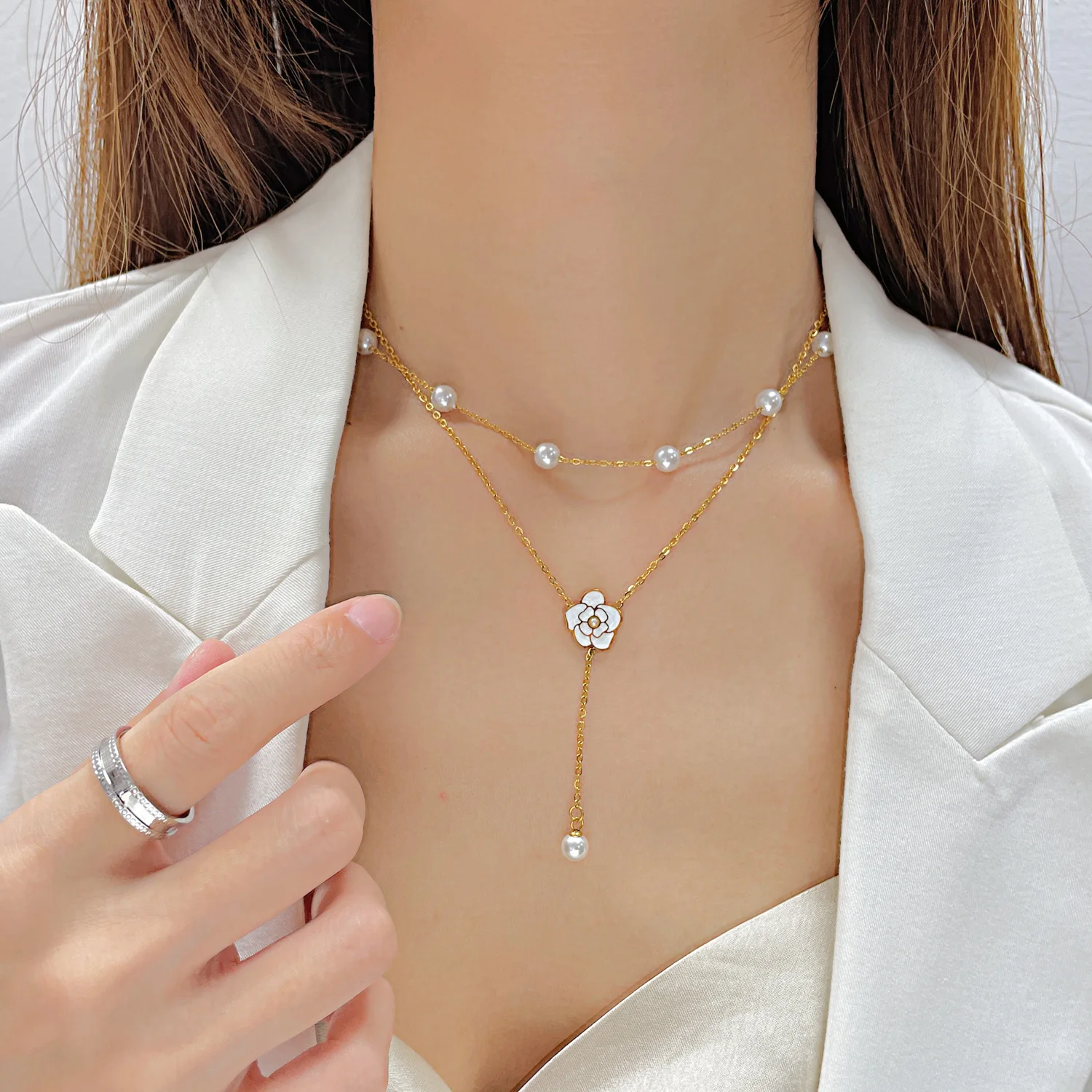 

JHSL Children Girl's Women Layered Flower Charm Necklaces Stainless Steel Chain Gold Color Fashion Party Jewelry