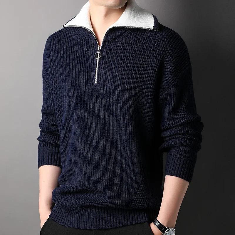 Half Winter Woolen Sweater Turtleneck Zipper Sweater for Young and Middle-Aged Men Padded Top Thermal Sweater Tide