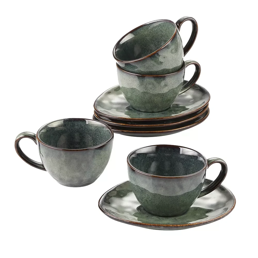 

Starry Green Ceramic Coffee Cup and Saucer Set Stoneware Kiln Change Glaze Afternoon Tea Cup&Saucer Service for 4person