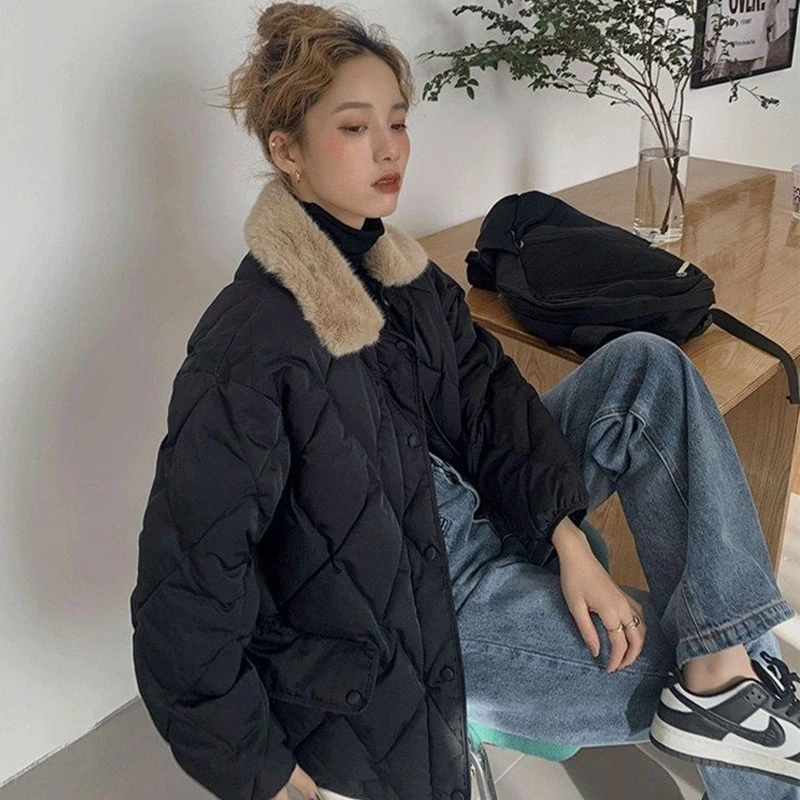 2022 Winter Stitching Woolen Collar Cotton Jacket Loose Fashion Rhombus Women's Warm Parka All-match Women Thickened Outerwear