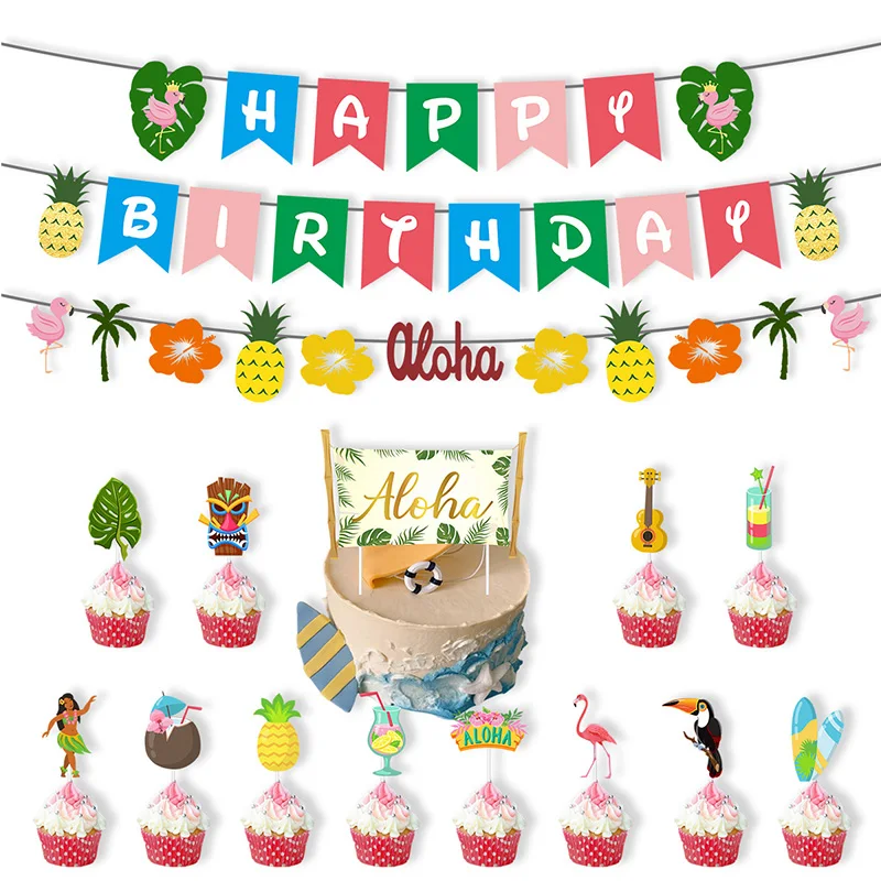 Hawaii ALOHA Happy Birthday Banner Flamingo Hawaiian Pineapple Tropical Party Garlands Cake Toppers Aloha Summer Birthday Decor