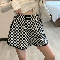 casual checkerboard plaid shorts women loose elastic high waist wide leg straight pant korean fashion women sports shorts