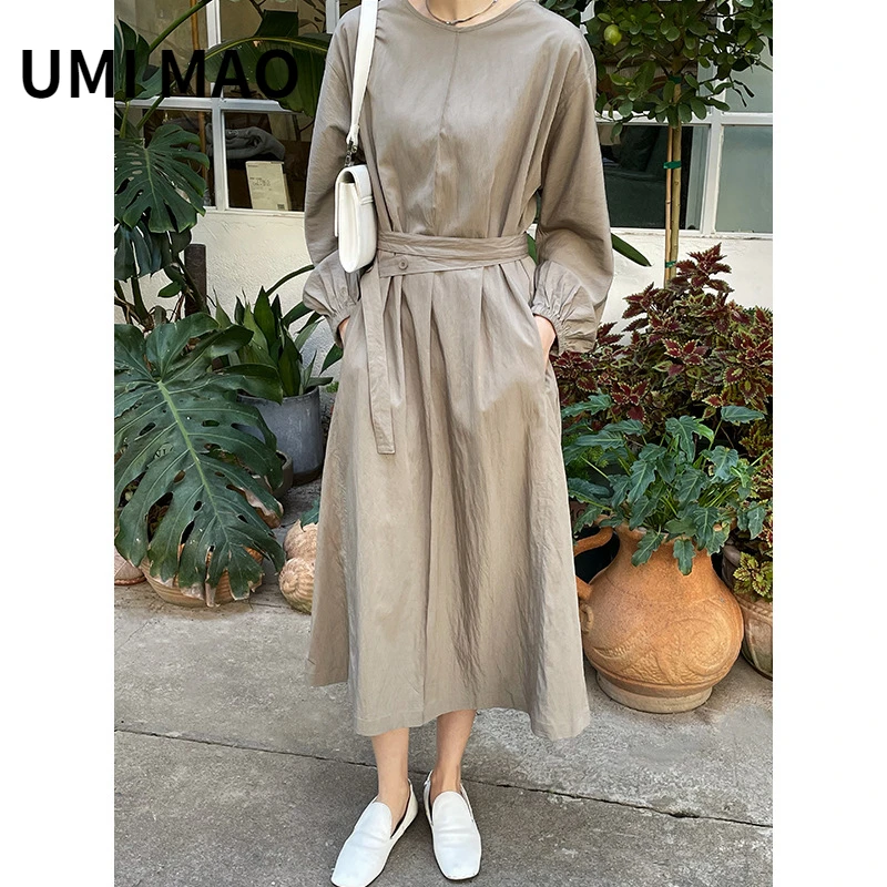 

UMI MAO 2022 Spring New Korean Version Temperament Mid-length High Waist Solid Color Casual Round Neck Dress Elegant Women Femme