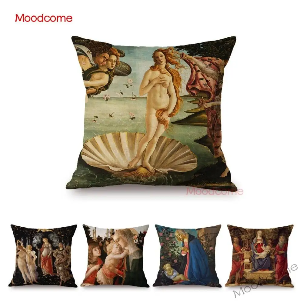 Sandro Botticelli Florence Art Birth of Venus World Famous Oil Painting Decorative Pillow Case Cotton Linen Sofa Cushion Cover
