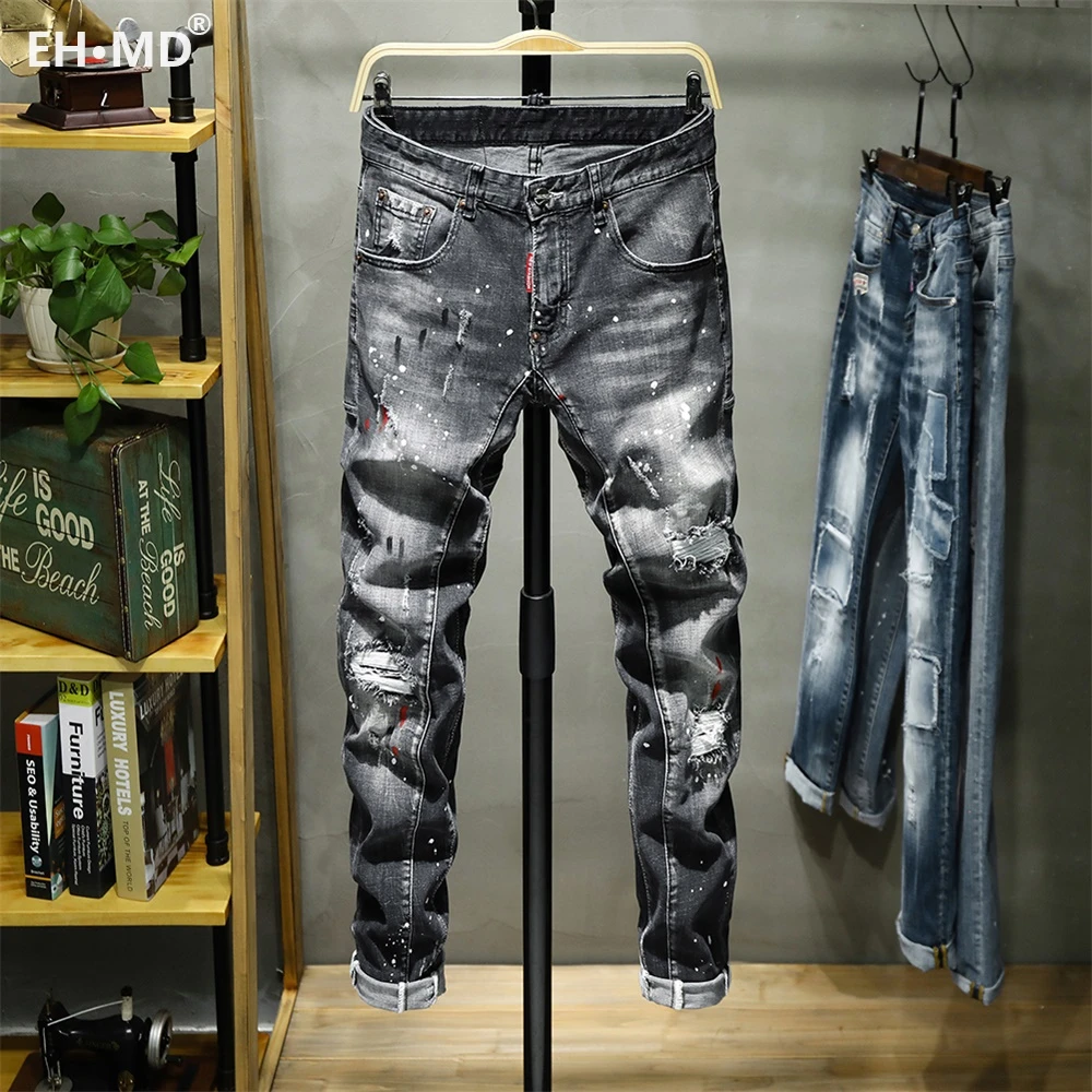 Broken Jeans Men's Paint Dots Ink Jet Soft Cotton High Elastic Leather Label Black Grey Slim Fit Pants Red Ears