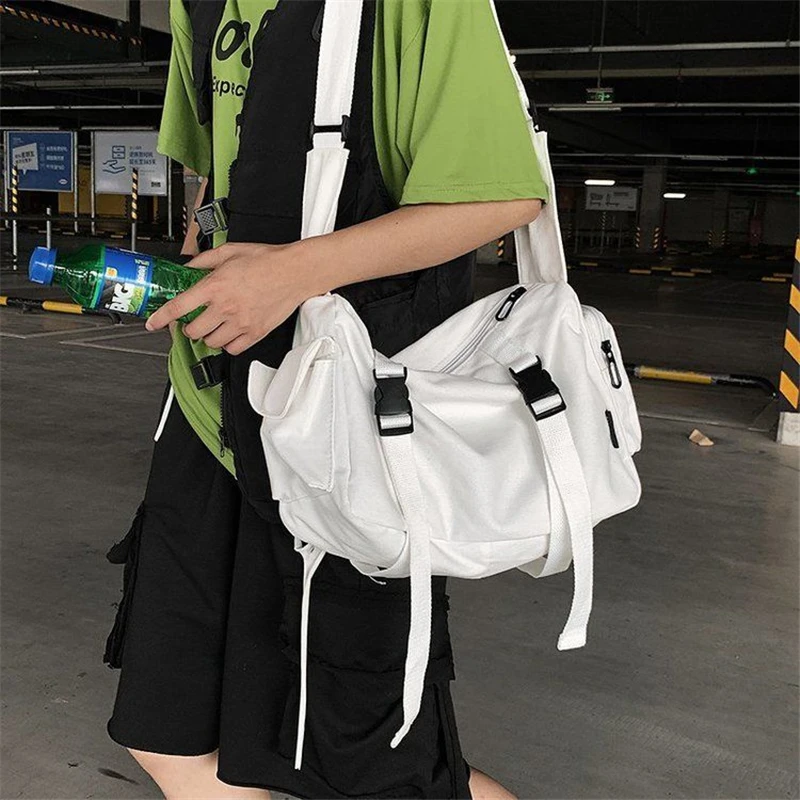 

High-capacity Shoulder Bag Canvas Women Men Students Schoolbag Traveling Shopping Hip-hop Ins Multifunction Message Fashion