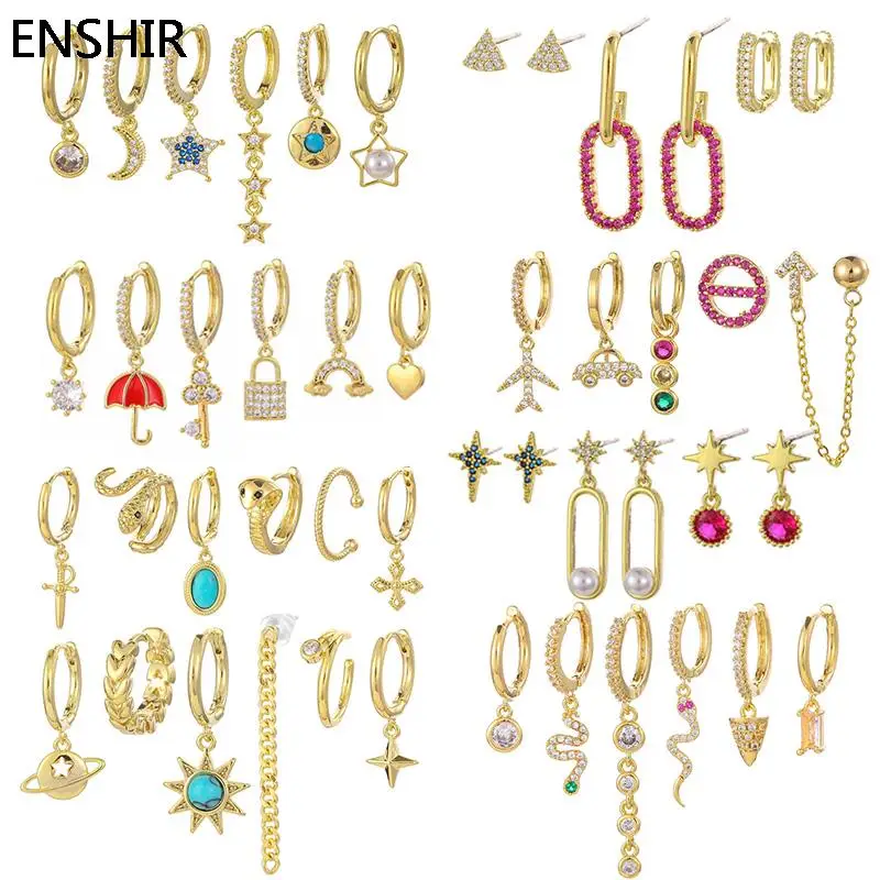 

ENSHIR 6-Piece Set Pearl Small Zircon Drop Hoop Earrings For Women Piercing Irregular Earring Pendientes Luxury Gift