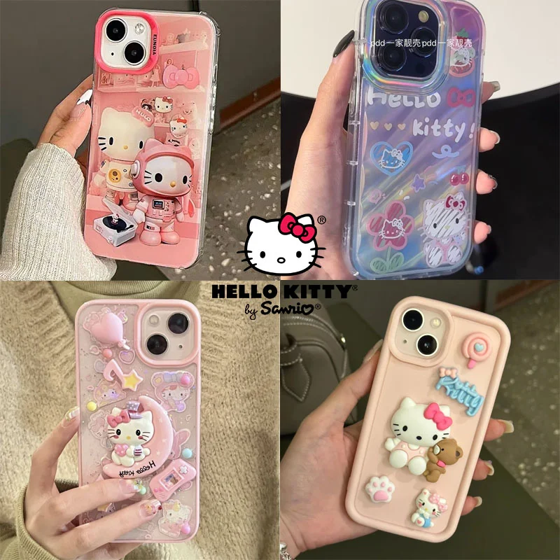 

Sanrio Hello Kitty Phone Case for IPhone 14 13 12 11 Pro Max 2023 New Kawaii Cartoon Ins Anti-fall Silicone Acrylic Back Cove