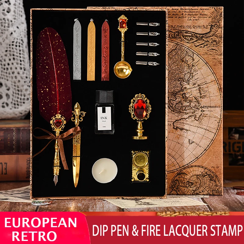 

European Retro Feather Pen Fountain Pen Dipped Pen Set Engraved Pen Holder Fire Lacquer Seal Gift Box for Girlfriend Birthday
