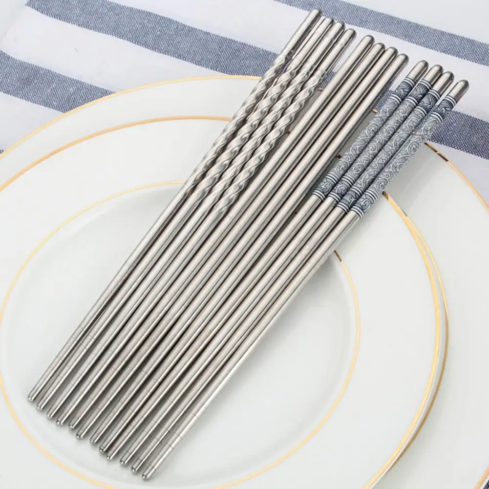 

3 Pairs Stainless Steel Reusable Flower Printed Non-slip Chopsticks Tableware